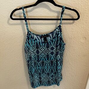 INC 90s Sequin Ikat Print Tank Top Medium Blue Teal Rayon Festival Glam
